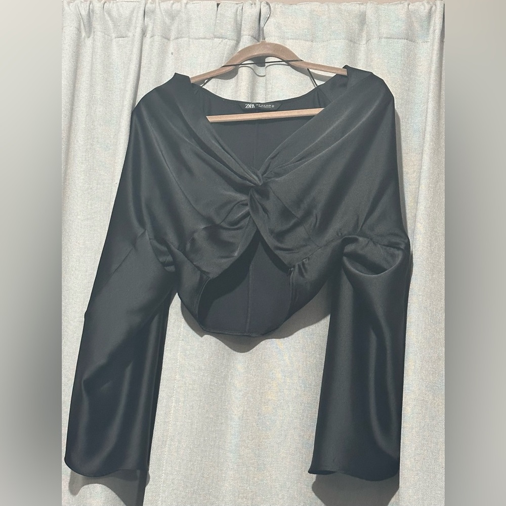 ZARA knotted satin effect crop top long sleeves
